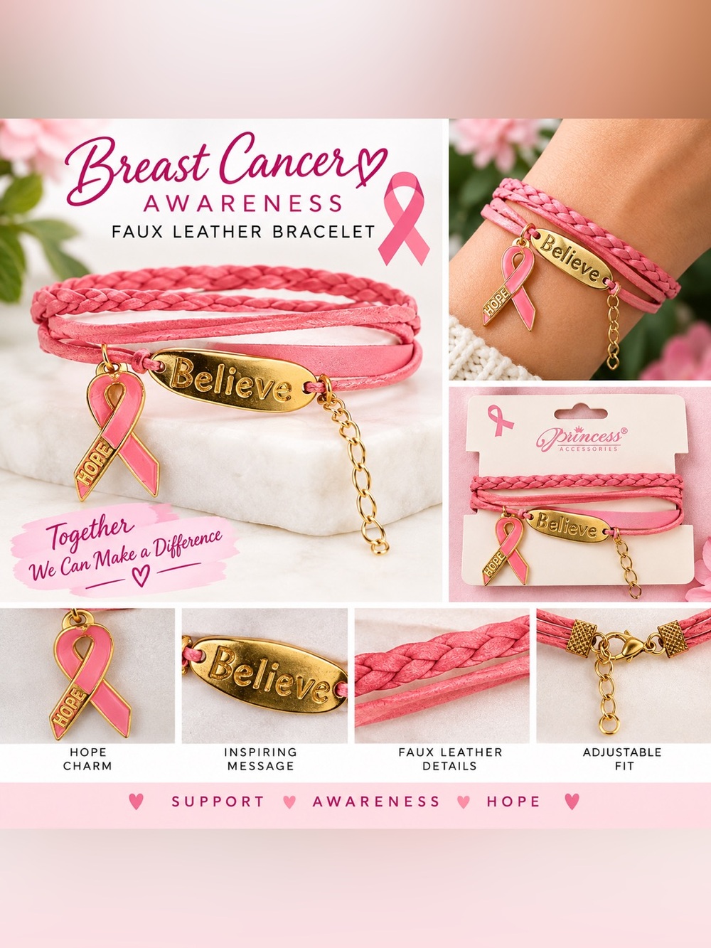 Pink "Believe" Breast Cancer Awareness Bracelet